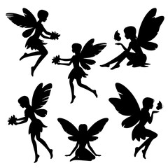 Silhouette of fairies in various poses with wings