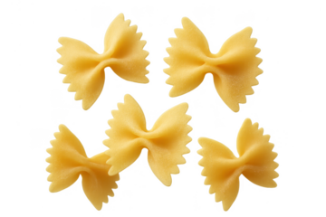 Five farfalle pasta pieces isolated on transparent background, vibrant yellow