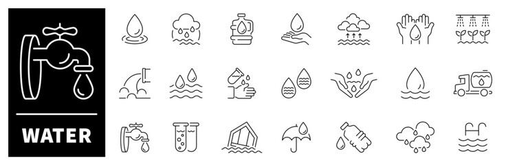 Water related thin line icons collection. Water vector icons. Water thin line icons collection. Water, Mineral Water, Water Bottle, drink, water drop related icons