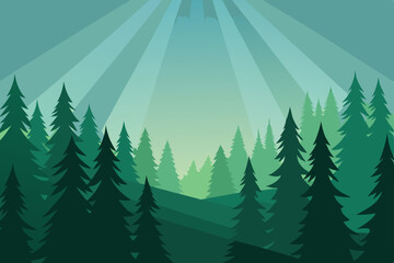 Fototapeta premium Green forest vector illustration for a seamless winter holiday celebration pattern with pine trees and snow