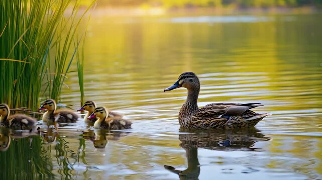 Mother duck swimming with her ducklings in a calm pond