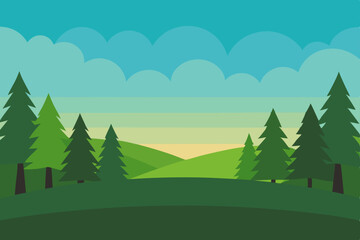 Fototapeta premium Vector illustration of a forest landscape with trees, green grass, and mountains under a summer sky