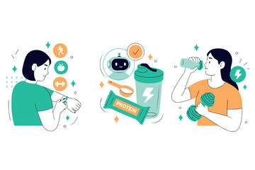  AI coach in fitness. Robot personal trainer. Character use artificial intelligence technology tools to create gym training, cardio workout, protein diet. Vector illustration.