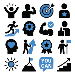 Motivational Icon Set Achievement Success and Positive Mindset Symbols.