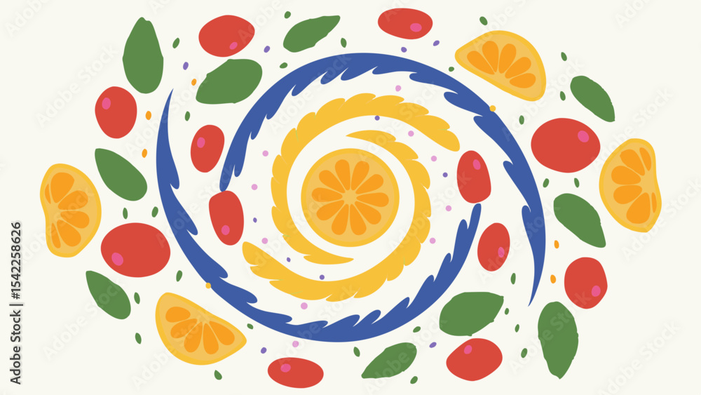 Poster a colorful swirl of fruits and leaves with a central orange slice in an abstract design style
