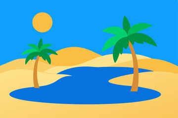 Tropical paradise beach with palm trees, blue sky, and clear ocean water