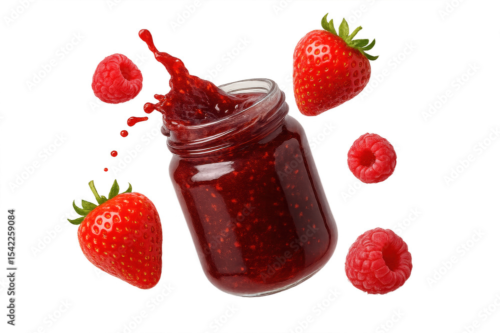Poster strawberry and raspberry jam splash in jar isolated on transparent background