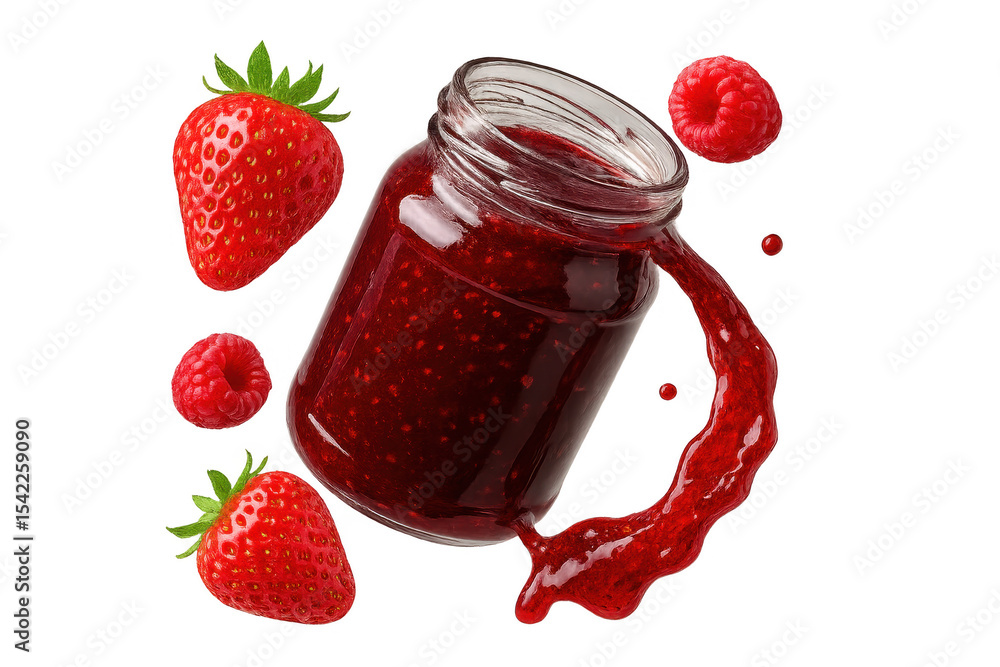 Poster strawberry and raspberry jam jar with splash isolated on transparent background.