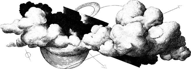 Vintage engraving of cloud and wind symbols with geometric patterns for retro design