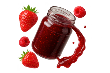 Strawberry and raspberry jam jar with splash isolated on transparent background.