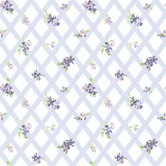 drooping wisteria lilac floral cluster on lattice. All over pattern.