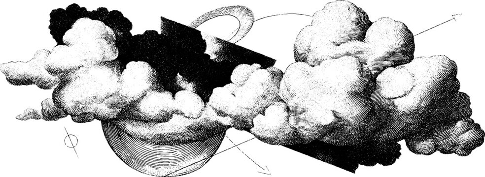 Vintage engraving of cloud and wind symbols with geometric patterns for retro design