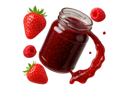 Strawberry and raspberry jam jar with splash isolated on transparent background.