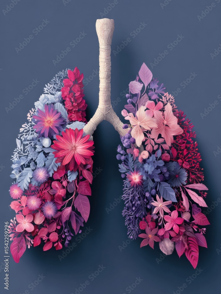 Poster Guide to Types of Lung Cancer With a Creative Floral Representation of Lungs in a Tabbed Layout for Easy Understanding and Education