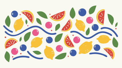 A vibrant pattern featuring lemons grapefruit blueberries leaves and wavy lines creating a fresh design look