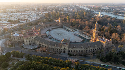 Aerial View of Plaza de España in Seville at Sunset