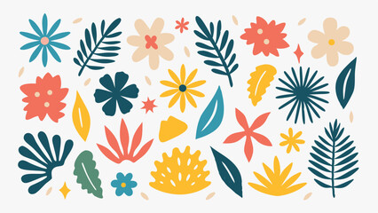 Colorful floral and leaf pattern with various shapes and sizes scattered on a white background design art