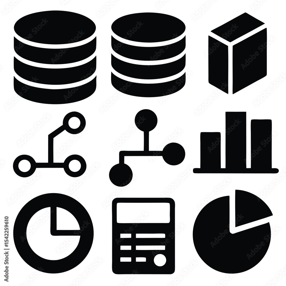 Poster nine black database data icons set white background circles bars charts cubes vector