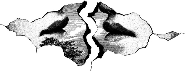 Cracked clay texture in vintage engraving style. Monochrome abstract landscape illustration