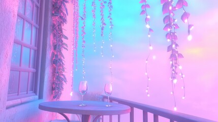 Romantic Balcony: Two wine glasses stand ready on a table on a romantic balcony. Fairy lights and climbing plants embellish the scene, bathed in a soft, pastel color palette. A romantic moment awaits.