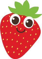 A cartoon strawberry with big eyes, a cheerful smile and a bright red body decorated with green leaves.