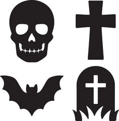 Halloween and horror icon set. Containing skull, grave cross, flying bat, and gravestone symbols. Spooky holiday and gothic horror silhouettes. Solid icon collection.