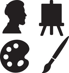 Art and painting icon set. Containing artist head silhouette, easel, paint palette with color blobs, and paintbrush symbols. Creative expression and fine arts silhouettes. Solid icon collection.