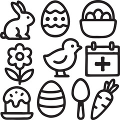 Easter holiday icon set. Containing bunny, Easter egg, chick, egg basket, flower, and cupcake symbols. Spring celebration and holiday-themed silhouettes. Solid icon collection.