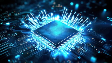 Central Processor Unit: A vibrant and futuristic image captures the heart of modern technology. A glowing Central Processor Unit, is showcased in intricate detail, symbolizing the core of computing.