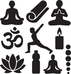 Wellness and mindfulness icon set. Containing meditative poses, Om symbol, yoga mat, essential oils, and healing stones. Solid spa and relaxation silhouette collection.