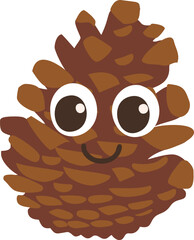 A cartoonish pine cone with big eyes, a cheerful smile and a brown body,
