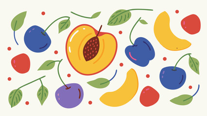 A colorful assortment of fruits including cherries bananas and a peach with leaves and dots scattered