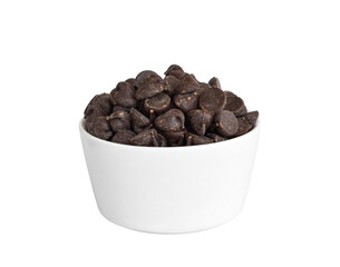 Chocolate chips in white bowl isolated cutout on transparent