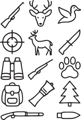 Hunting and outdoor adventure icon set. Containing deer, rifle, target, knife, and binoculars. Wilderness survival and forest expedition silhouettes. Solid icon collection.