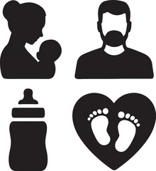 Parenting and baby care icon set. Containing parent holding child, baby bottle, heart with baby footprints, and bearded person symbol. Solid family and childcare silhouettes.