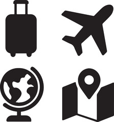 Travel and navigation icon set. Containing suitcase, airplane, globe, and location map symbols. Tourism, vacation, and global mobility silhouettes. Solid icon collection.