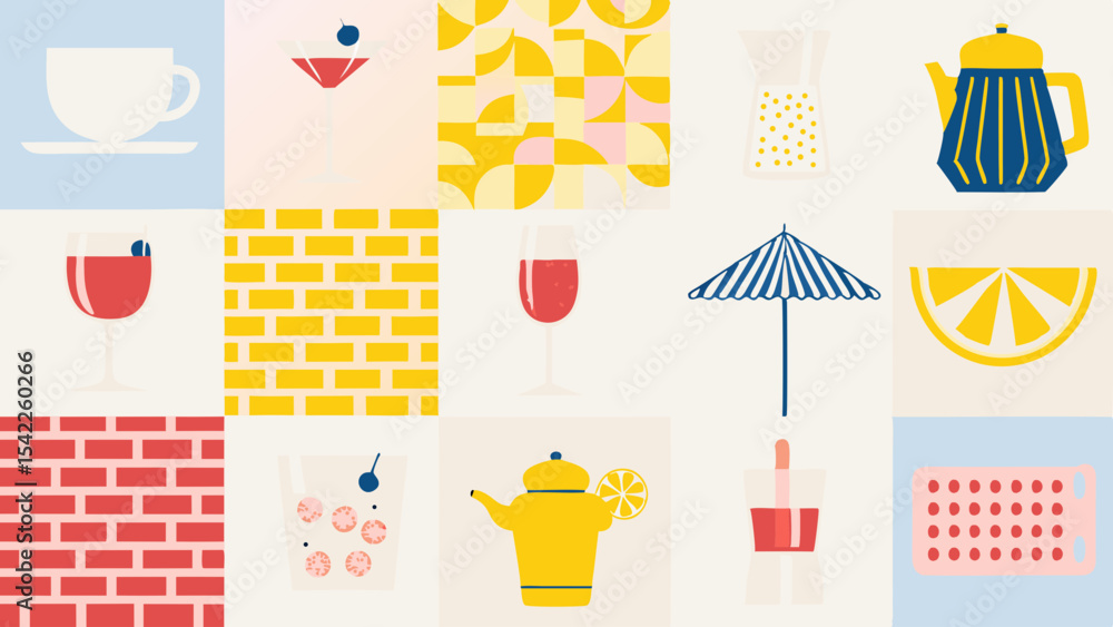 Aufkleber collection of various colorful objects including drinks and geometric patterns displayed neatly