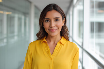 Fototapeta premium Confident Young Woman in Bright Yellow Shirt Smiling in Modern Office Corridor