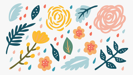 Assorted floral elements including roses leaves and small petals scattered on a white background design