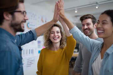 Team of Happy Colleagues Celebrating Success with High Five in Office