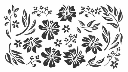Floral arrangement featuring hibiscus flowers leaves and berries in a monochrome color palette design