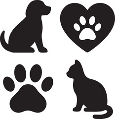 Dog care icon set. Containing dog walking, bone, paw print, and pet collar symbols. Pet ownership and dog-related icons. Solid silhouette collection.