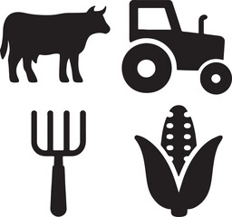 Farming and agriculture icon set. Containing cow, tractor, pitchfork, and corn symbols. Rural life and agricultural equipment silhouettes. Solid icon collection.