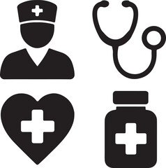 Healthcare and medical icon set. Containing nurse avatar, stethoscope, heart with medical cross, and medicine bottle symbols. Solid health and hospital silhouettes.