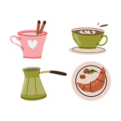 Cozy coffee set with latte art and breakfast pastries illustration.