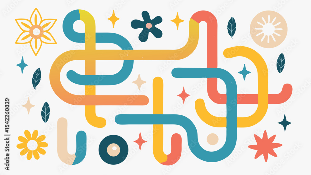 Poster colorful abstract design with interconnected lines flowers and stars creating a playful composition 