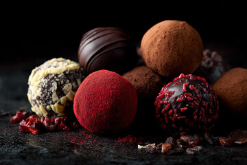 Luxury handmade decorative chocolate bonbon in a display of assorted pralines. AI Generative
