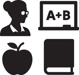 Online education icon set. Containing teacher avatar, school blackboard, apple, and textbook symbols. E-learning and digital education icons. Solid icon collection.