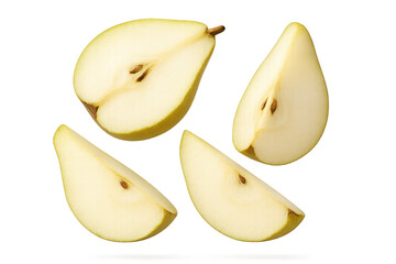 Four slices of ripe pear isolated on a transparent background, delicious fruit