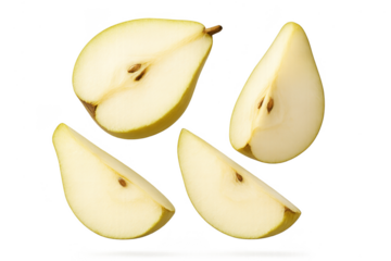Four slices of ripe pear isolated on a transparent background, delicious fruit